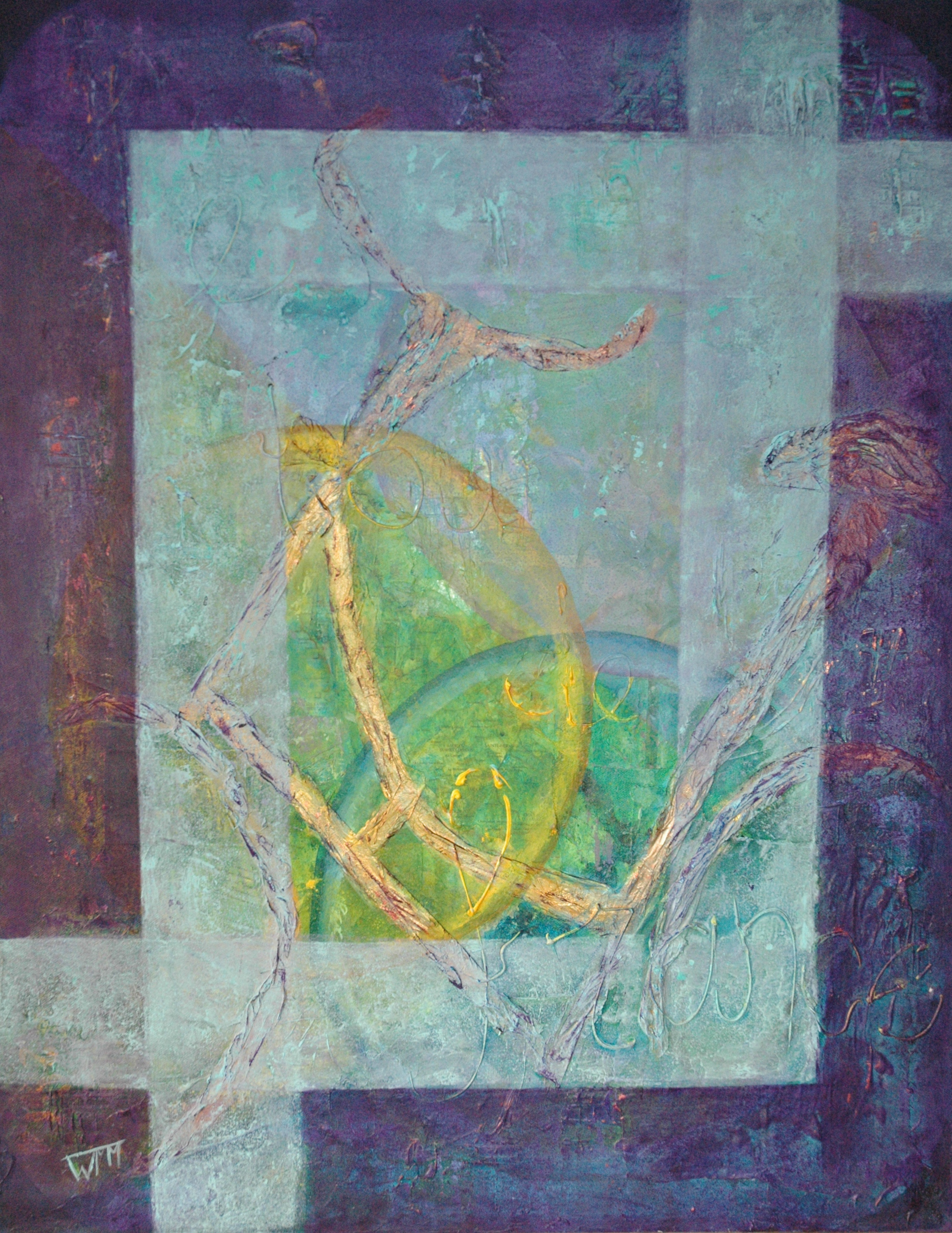 90 x 70 x 4cm, acryl op katoen, collage, met gebruik van materialen (textuur), €375,-