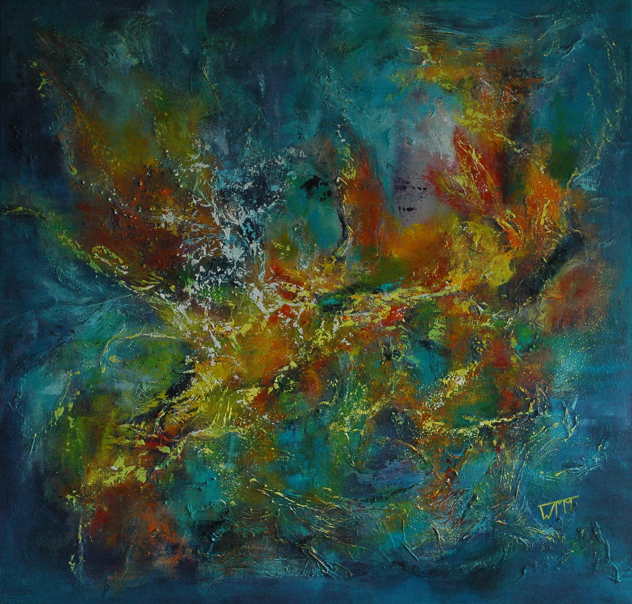 100 x 100cm, acryl op linnen, met gebruik van materialen (textuur), €485,-