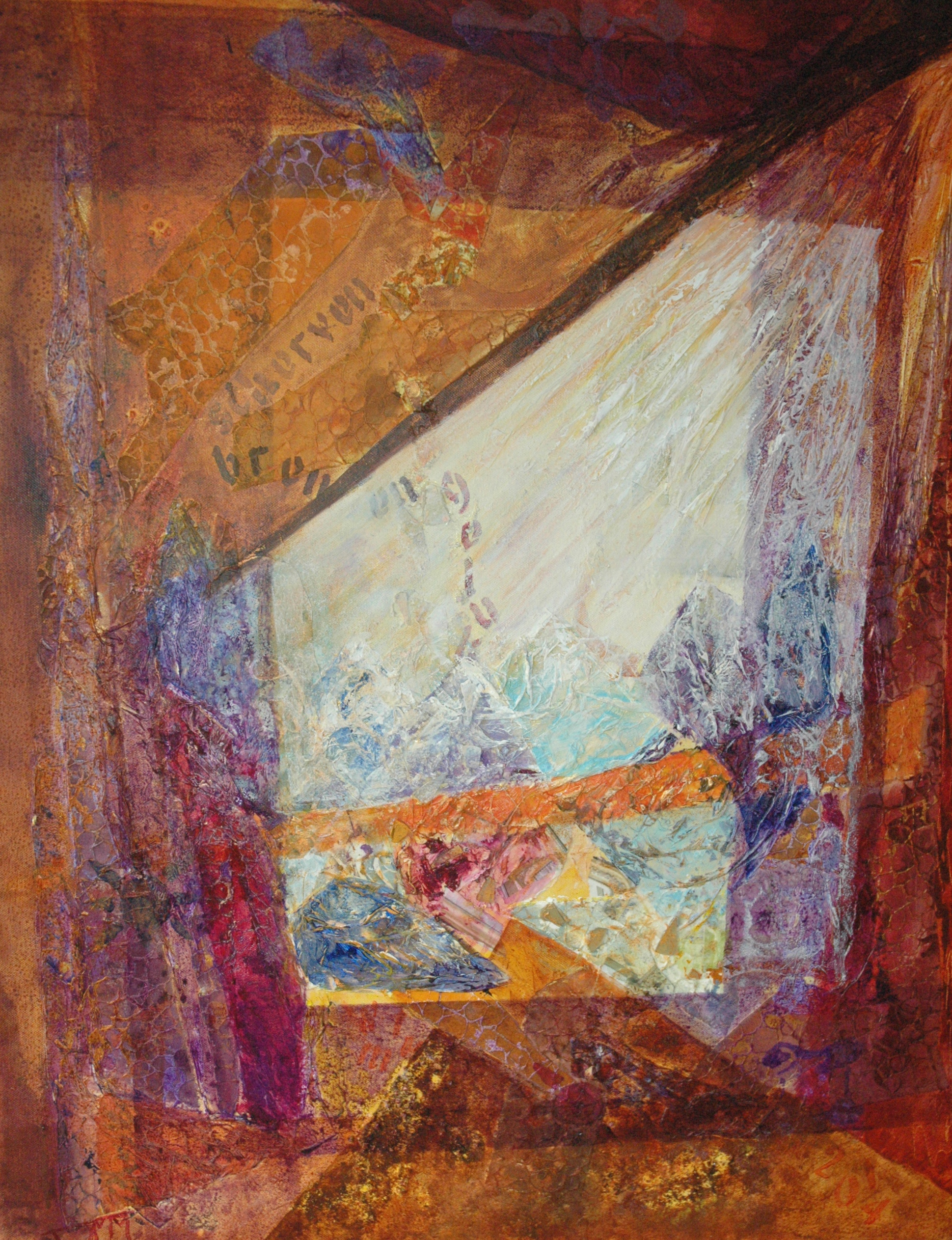 90 x 70 x 4cm, acryl op katoen, collage, met gebruik van materialen (textuur), €375,-