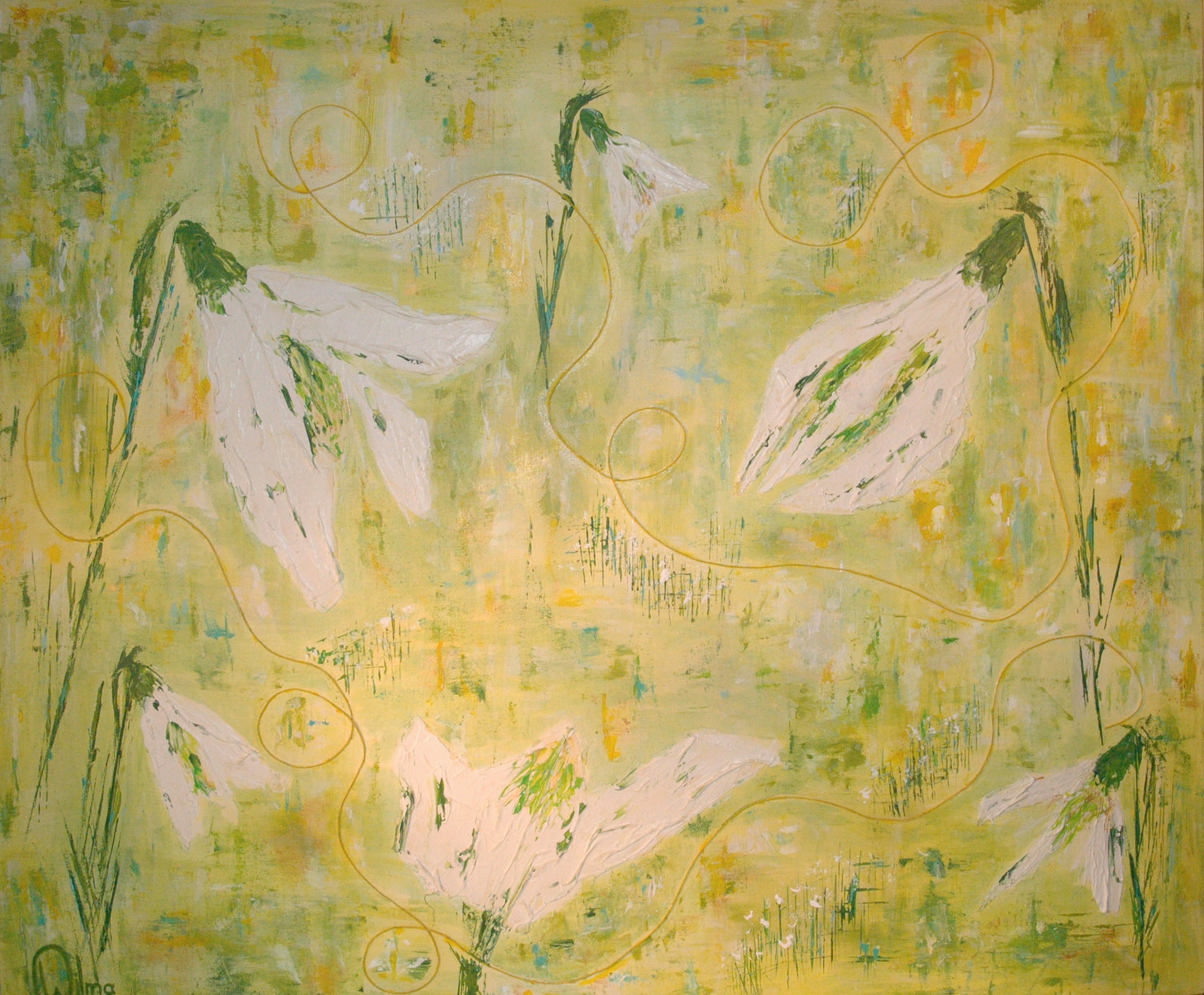 100 x 120 x 4cm, acryl op katoen, met gebruik van materialen, €525,-