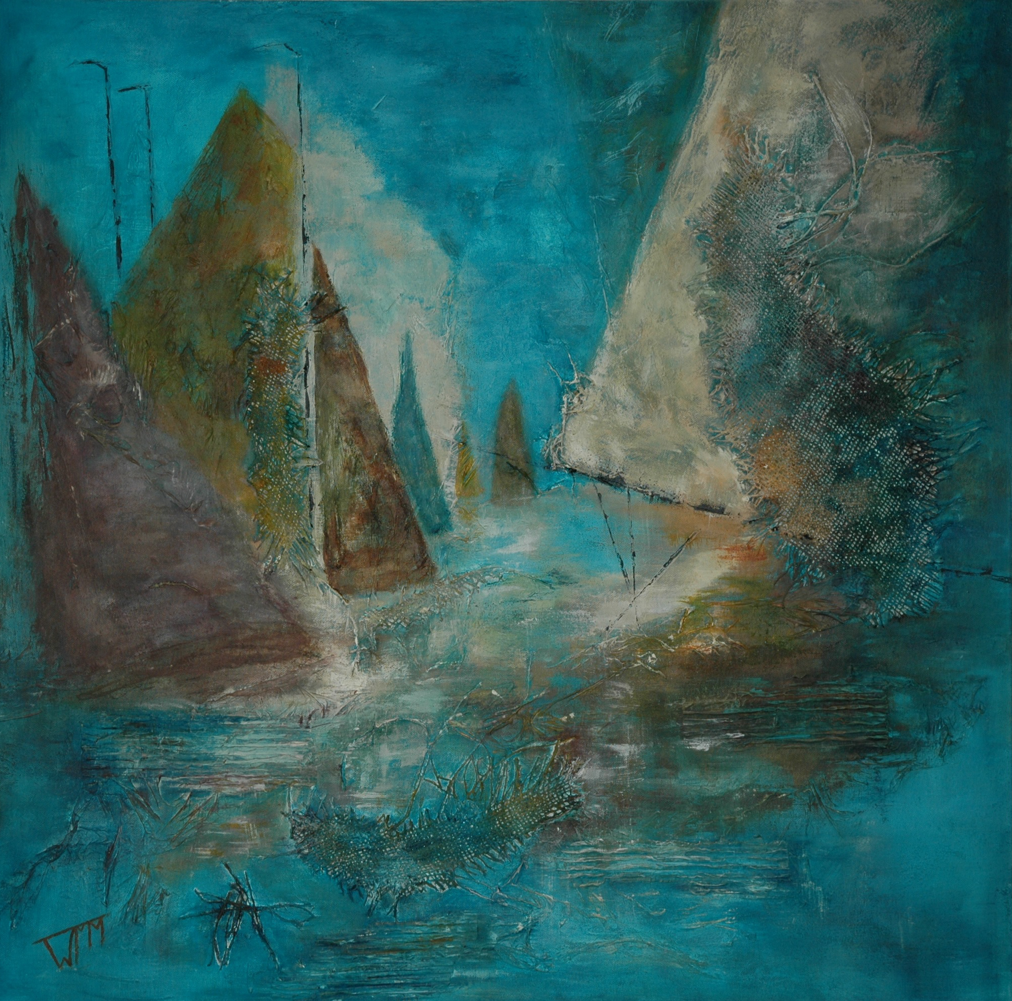 90 x 90 x 4cm, acryl op katoen, met gebruik van materialen (textuur), verkocht