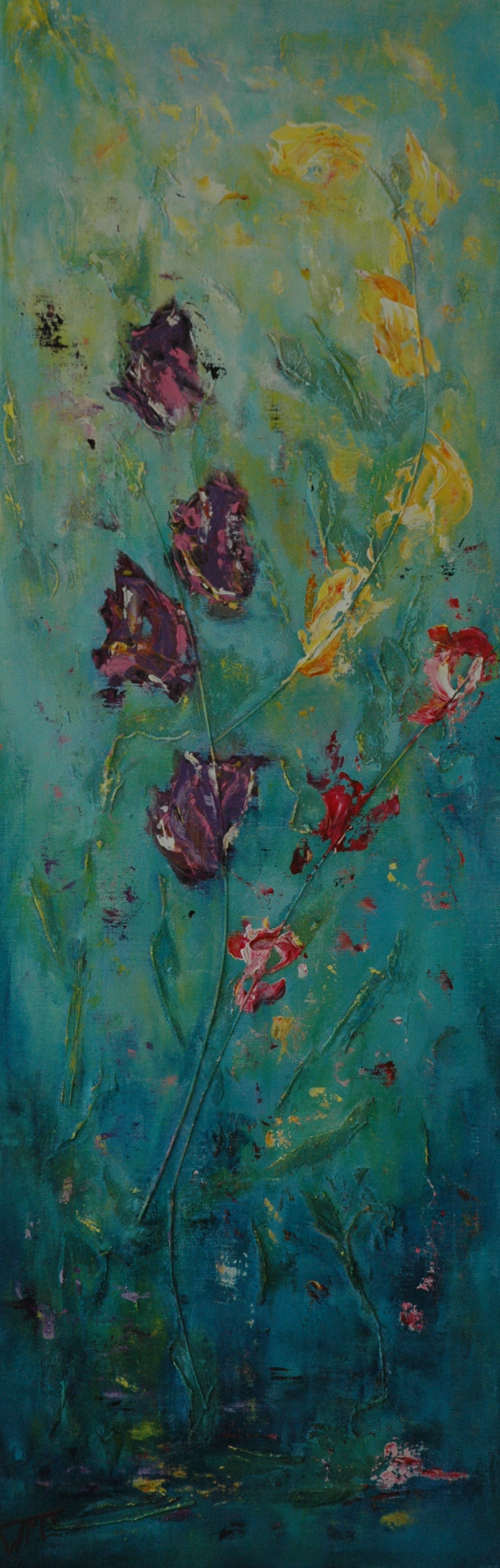 40 x 120cm, acryl op linnen, met gebruik van materialen (textuur), verkocht