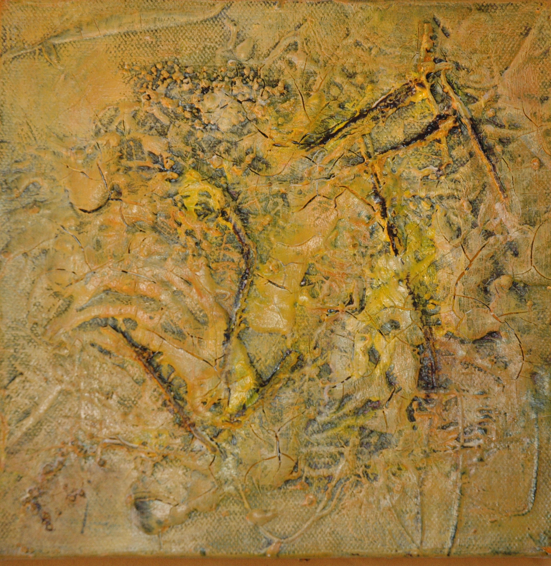 19,5 x 19,5 x 4cm, acryl op katoen, met gebruik van materialen (textuur), deel van een 2-luik (yellow square 1 en 2), €85,- (enkel) €150,- (2-luik)